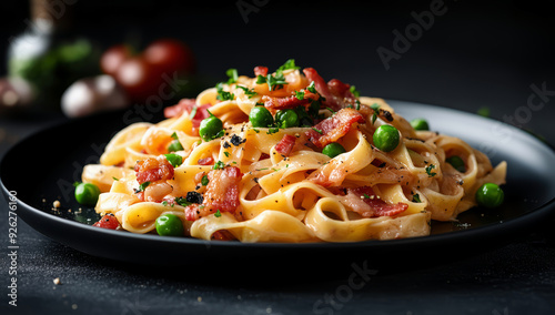 Pasta Carbonara on black plate