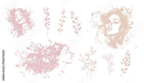 Detailed trendy design for natural products, wall art, social media, prints, invitations and branding design. Vector set of line drawings of decorated women's heads with flowers, plants and leaves.