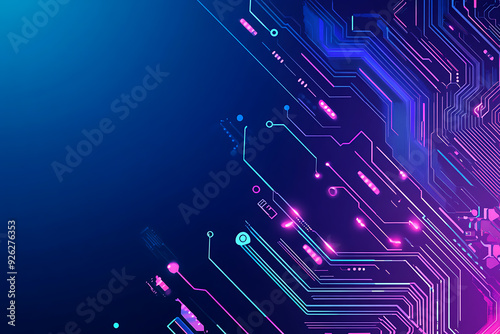 Futuristic vector illustration of an abstract circuit board with neon blue and purple gradients, showcasing intricate digital patterns and tech elements