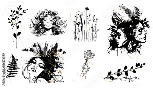 Detailed trendy design for natural products, wall art, social media, prints, invitations and branding design. Vector set of line drawings of decorated women's heads with flowers, plants and leaves.
