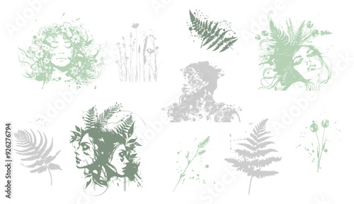 Wallpaper Mural Detailed trendy design for natural products, wall art, social media, prints, invitations and branding design. Vector set of line drawings of decorated women's heads with flowers, plants and leaves. Torontodigital.ca