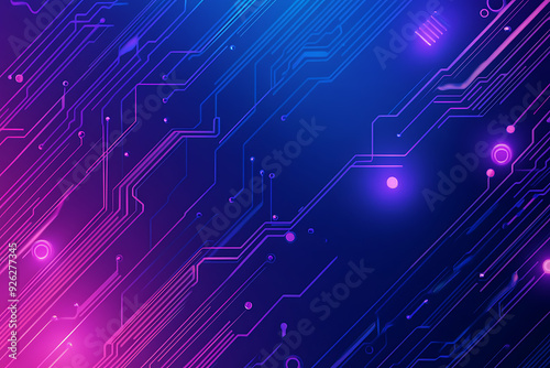 Futuristic vector illustration of an abstract circuit board with neon blue and purple gradients, showcasing intricate digital patterns and tech elements