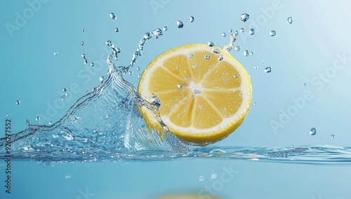 Lemon slice splashing into water, creating bubbles.