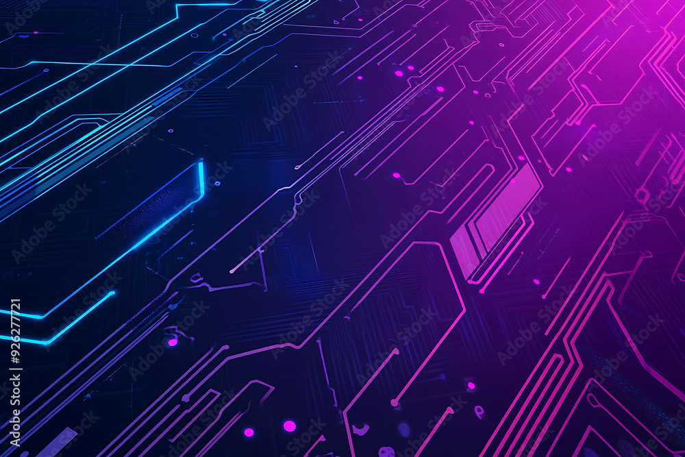Futuristic vector illustration of an abstract circuit board with neon blue and purple gradients, showcasing intricate digital patterns and tech elements