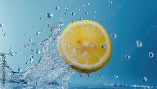 Lemon slice splashing into water with droplets.