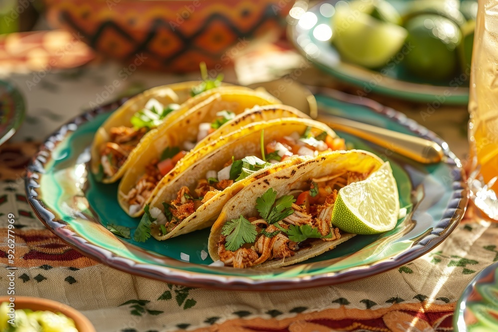 Vibrant Taco Plate with Lime and Cilantro on Colorful Glass Dish. Vibrant Taco Plate with Lime and Cilantro on Colorful Glass Dish.