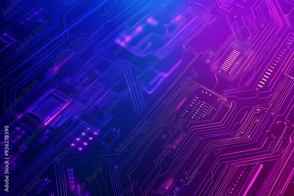 Futuristic vector illustration of an abstract circuit board with neon blue and purple gradients, showcasing intricate digital patterns and tech elements Futuristic vector illustration of an abstract circuit board with neon blue and purple gradients, showcasing intricate digital patterns and tech elements