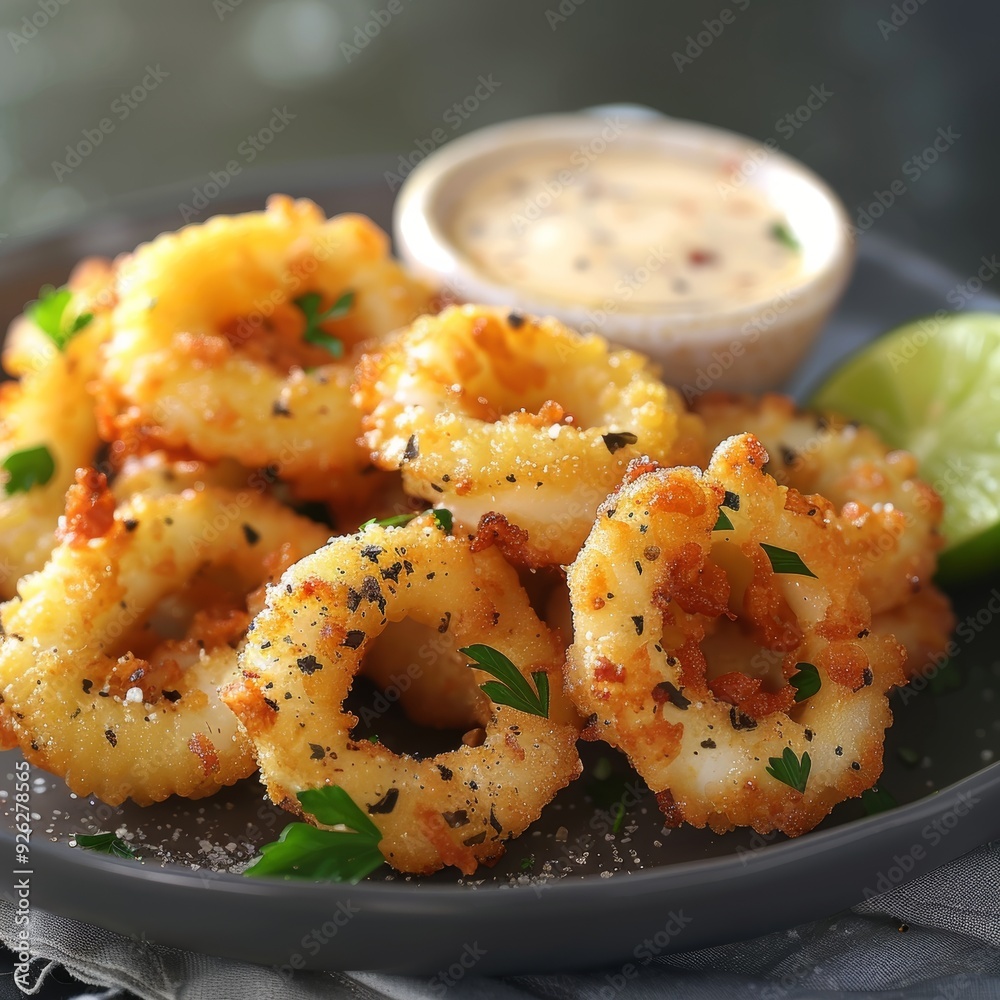 Plate of Delicious Crispy Fried Calamari Rings with Lemon and Dipping Sauce, Close-Up View Plate of Delicious Crispy Fried Calamari Rings with Lemon and Dipping Sauce, Close-Up View