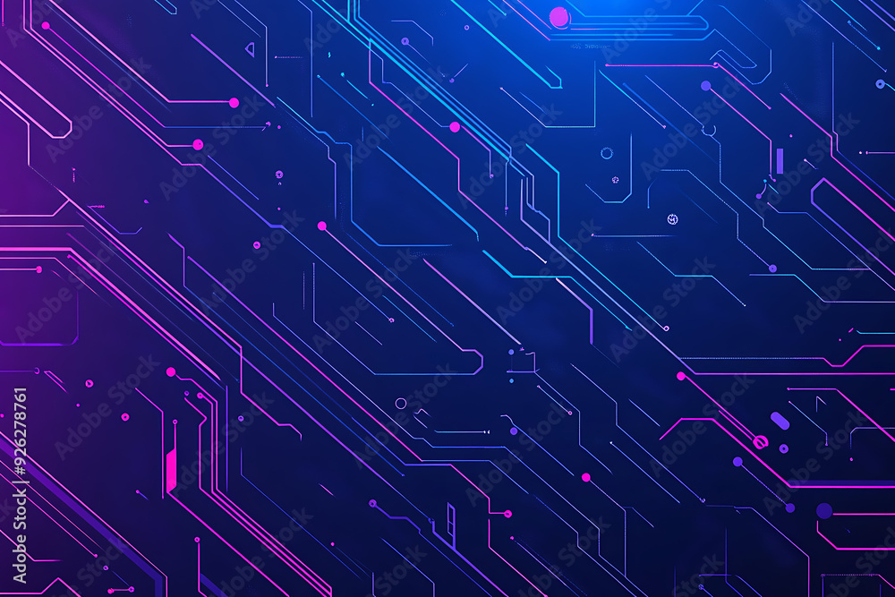 Futuristic vector illustration of an abstract circuit board with neon blue and purple gradients, showcasing intricate digital patterns and tech elements