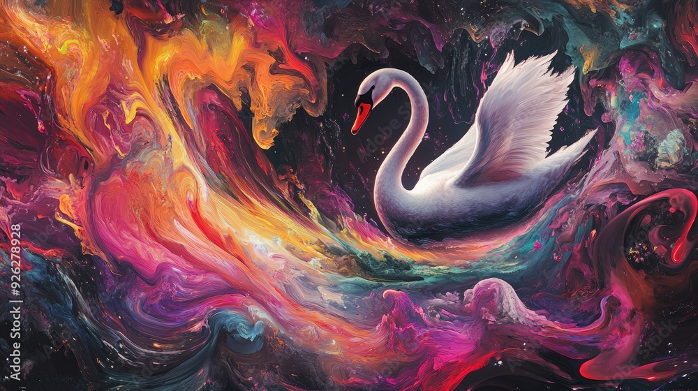 A surreal 3D mural with a majestic swan floating amid a vortex of vibrant swirling colors and abstract shapes in an ethereal realm