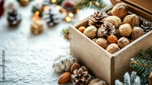 Festive Christmas Cinnamon Roasted Almonds in Wooden Box on Light Background