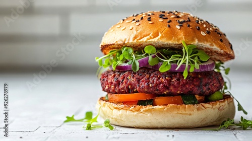 Delicious Vegan Burger with Fresh Vegetables Patty and Microgreens photo