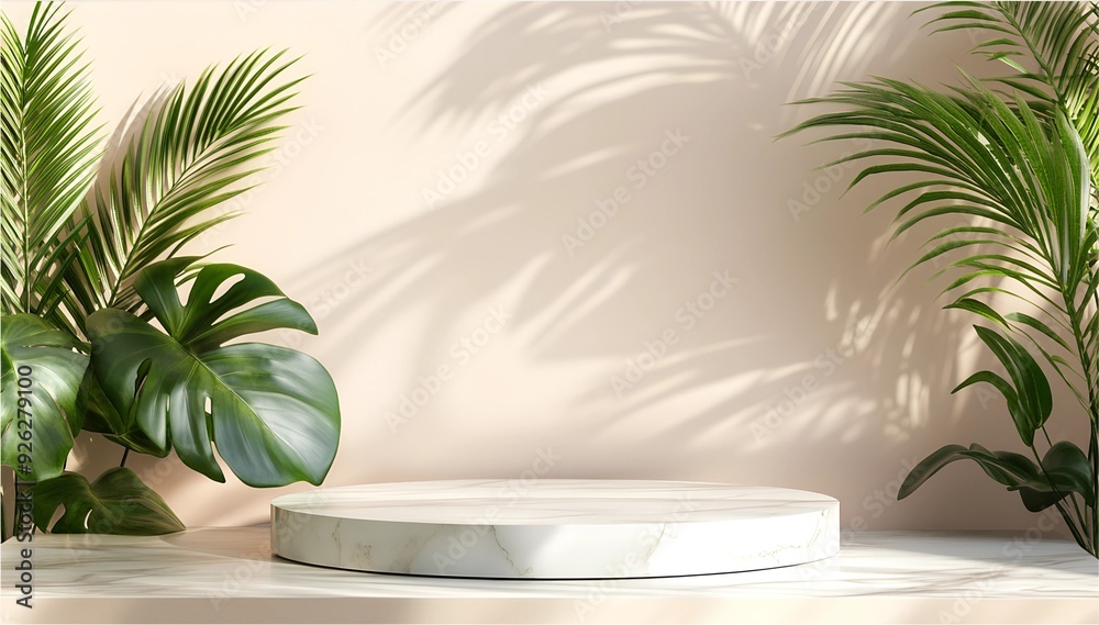 Minimal abstract pastel peach podium for product display stand with leaves background for presentation , mockup Minimal abstract pastel peach podium for product display stand with leaves background for presentation , mockup