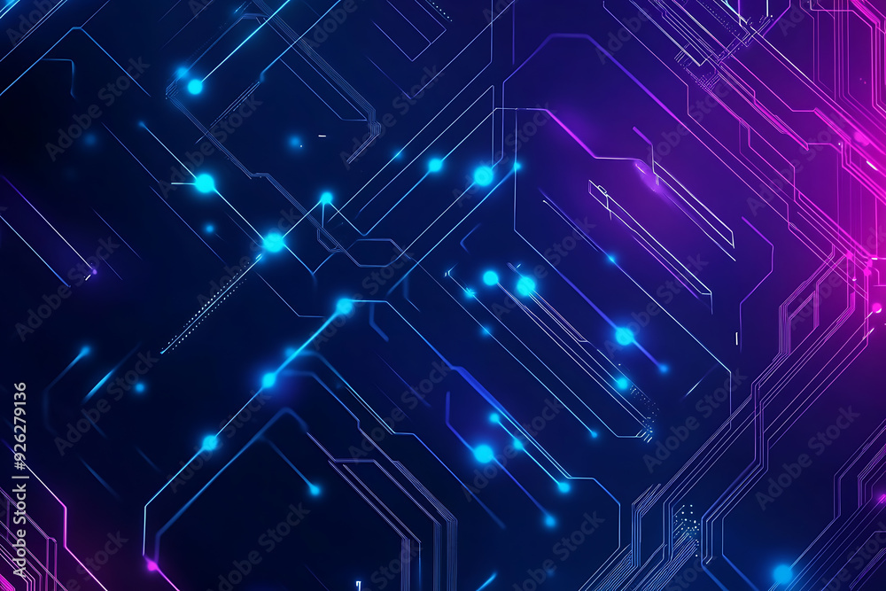 Futuristic vector illustration of an abstract circuit board with neon blue and purple gradients, showcasing intricate digital patterns and tech elements Futuristic vector illustration of an abstract circuit board with neon blue and purple gradients, showcasing intricate digital patterns and tech elements