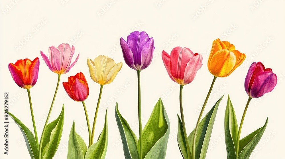 A vivid array of colorful tulips with detailed petals, standing out against a light background, perfect for nature-inspired designs A vivid array of colorful tulips with detailed petals, standing out against a light background, perfect for nature-inspired designs