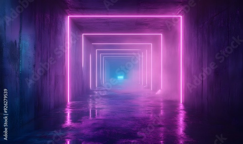 Neon Lights Reflecting in a Wet Concrete Hallway