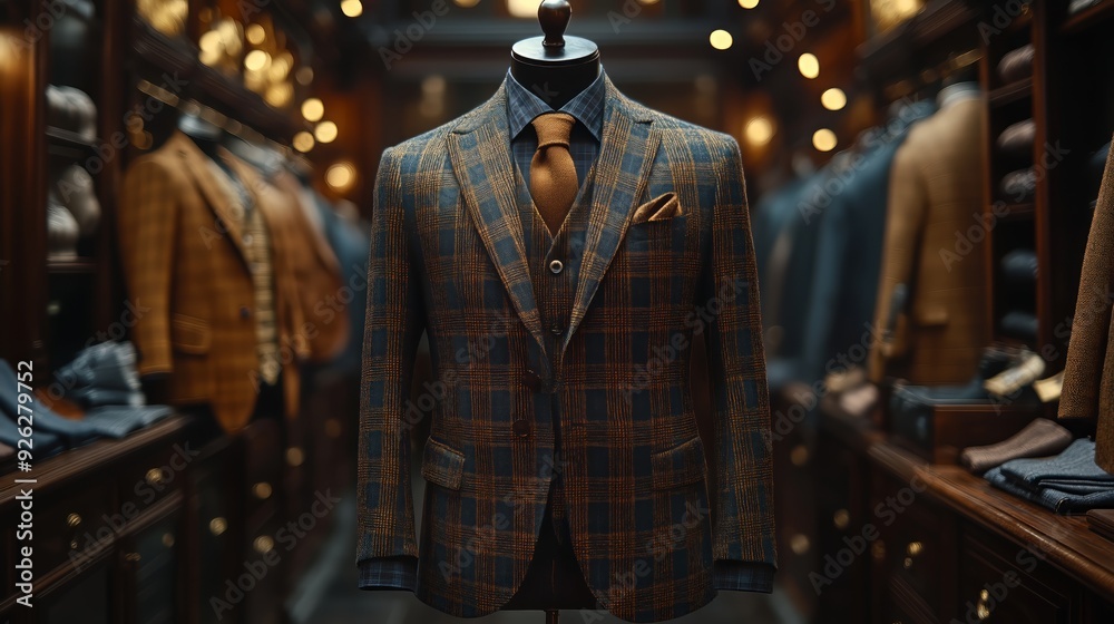 A close-up view of a high-quality tailored checkered suit jacket displayed on a mannequin. A close-up view of a high-quality tailored checkered suit jacket displayed on a mannequin.