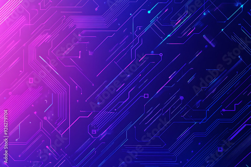 Futuristic vector illustration of an abstract circuit board with neon blue and purple gradients, showcasing intricate digital patterns and tech elements