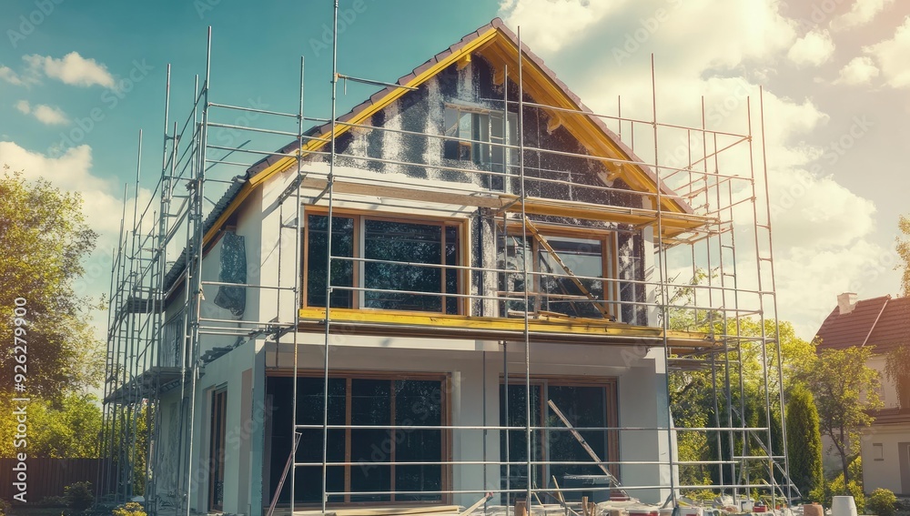 A house under construction with scaffolding. A house under construction with scaffolding.