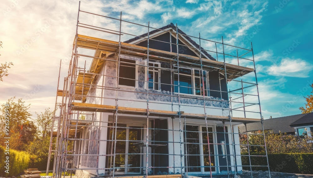 House under construction with scaffolding. House under construction with scaffolding.