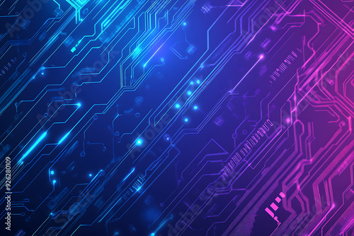 Futuristic vector illustration of an abstract circuit board with neon blue and purple gradients, showcasing intricate digital patterns and tech elements