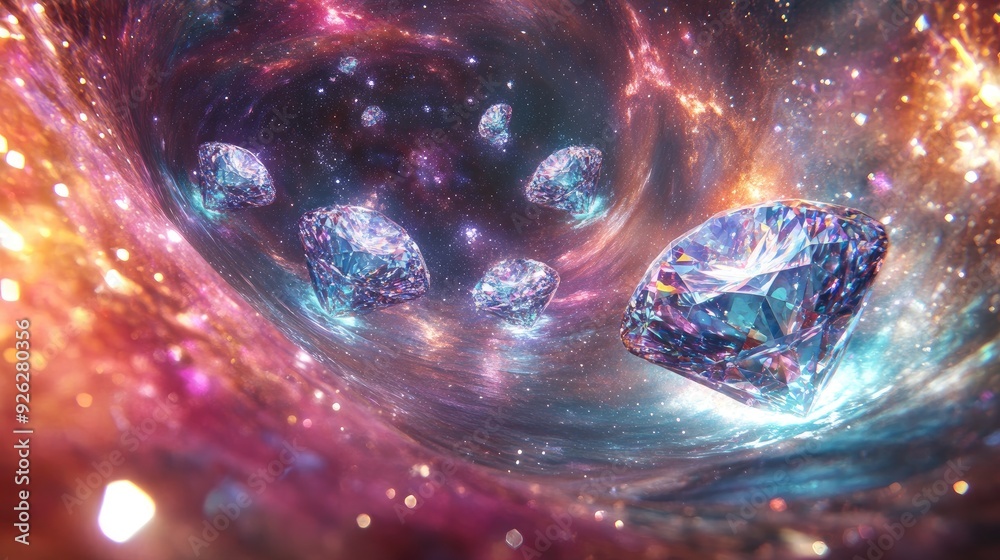 Bright 3D design of vibrant jewels and diamonds swirling through the Milky Way, set against a paradise background of light Bright 3D design of vibrant jewels and diamonds swirling through the Milky Way, set against a paradise background of light