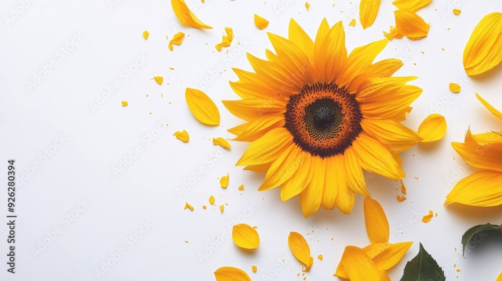 Bright, overlapping geometric shapes integrated with sunflower petals, set against a minimalist white background Bright, overlapping geometric shapes integrated with sunflower petals, set against a minimalist white background