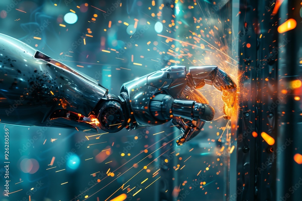 Naklejka premium Robot Hand Punching Through Metal Wall in Futuristic Laboratory Scene