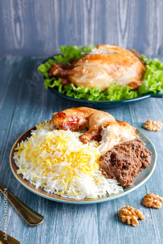 Levengi or Lavangi with Roast chicken.Azerbaijan cuisine. photo