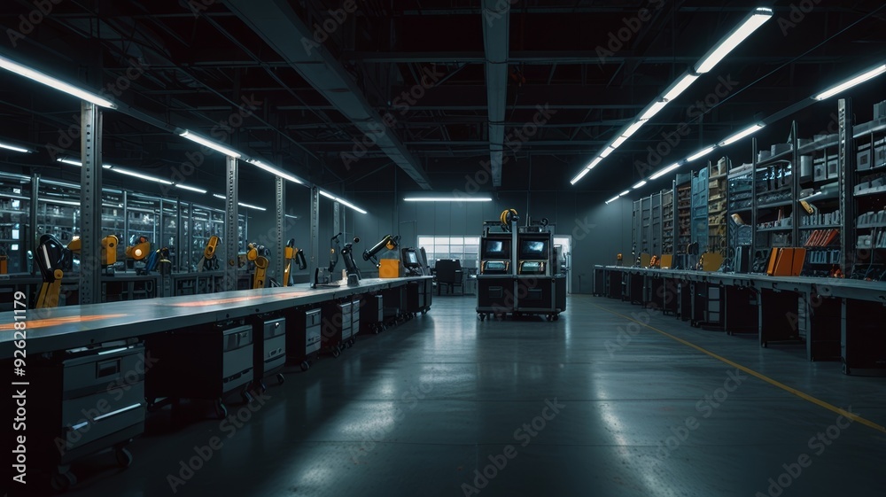 An ultra-modern robotic distribution center for mail and parcels, robots sorting and distribution tasks on conveyor An ultra-modern robotic distribution center for mail and parcels, robots sorting and distribution tasks on conveyor