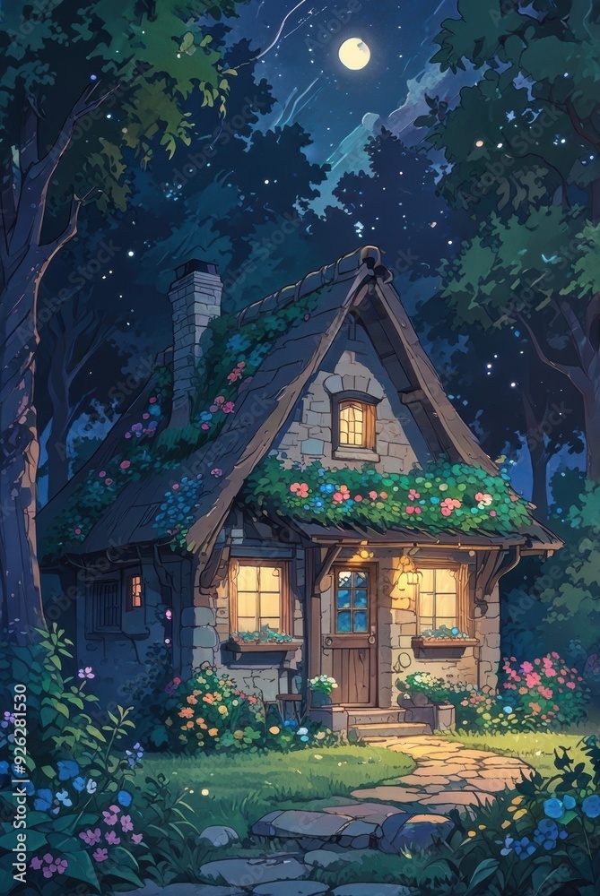 Fototapeta premium Cozy Stone Cottage in Moonlit Forest Night Scene. Anime art style