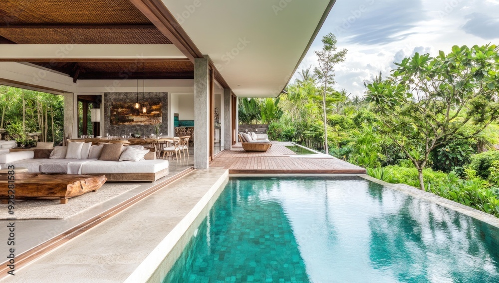 Fototapeta premium Modern villa with infinity pool and jungle view.