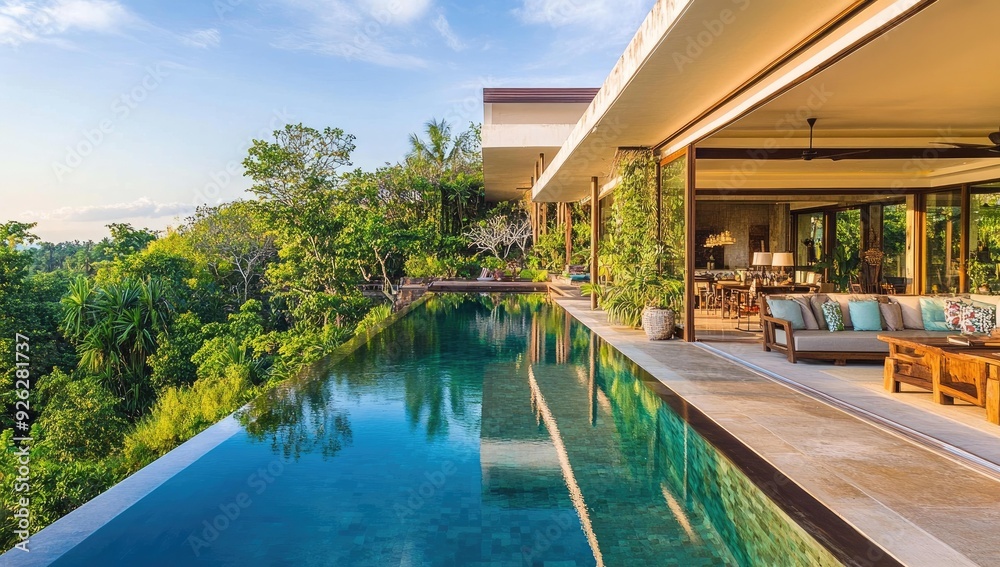 Obraz premium Modern home with a pool overlooking a jungle.