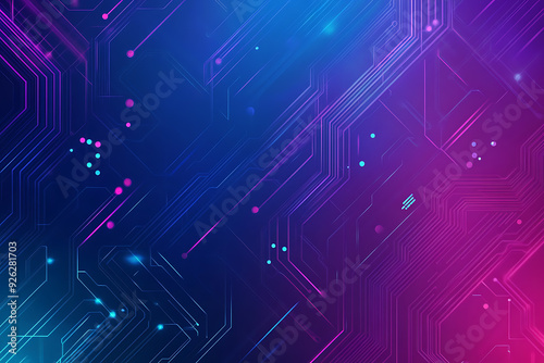 Futuristic vector illustration of an abstract circuit board with neon blue and purple gradients, showcasing intricate digital patterns and tech elements