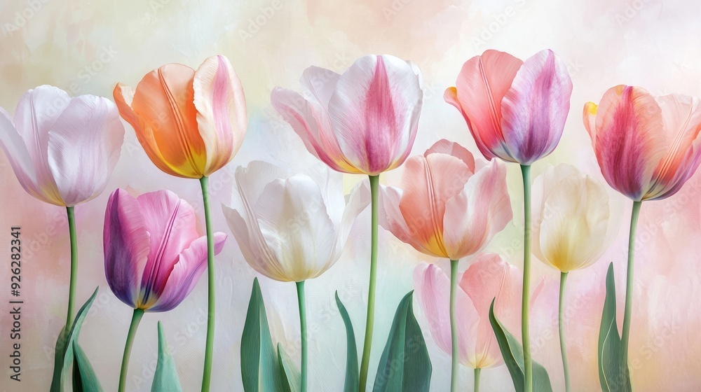 Multicolored tulips with detailed petals, standing out against a soft light background, creating a stunning floral composition Multicolored tulips with detailed petals, standing out against a soft light background, creating a stunning floral composition