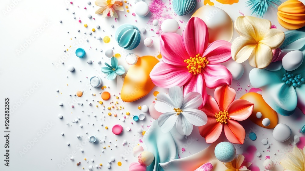 Joyful 3D design of vibrant, happy life with colorful flower elements, isolated on a white background for A4 cover Joyful 3D design of vibrant, happy life with colorful flower elements, isolated on a white background for A4 cover