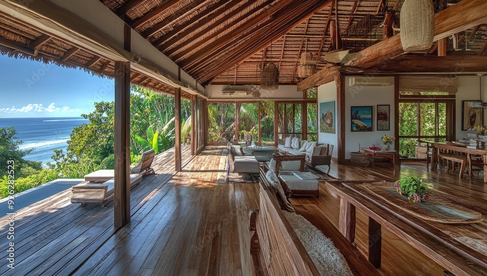 Ocean view living room with wooden furniture. Ocean view living room with wooden furniture.