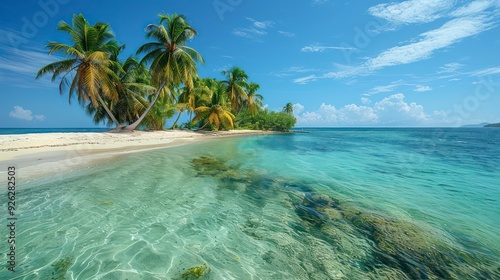 palm trees sway on a sun-kissed Caribbean island, turquoise waters lap the shore, golden sand stretches, a tropical paradise surrounded by lush greenery and warmth.