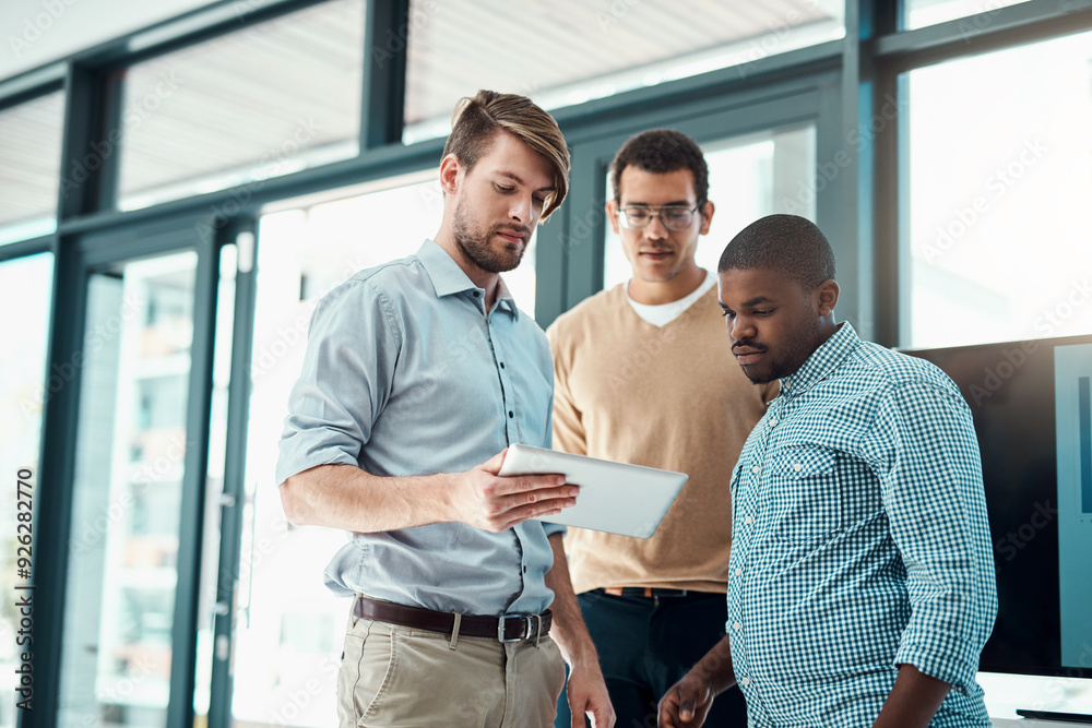 Obraz premium Tablet, business men and planning for meeting with app developer project with design ideas in office. Brainstorming, tech and teamwork of employee with digital collaboration for homepage layout talk