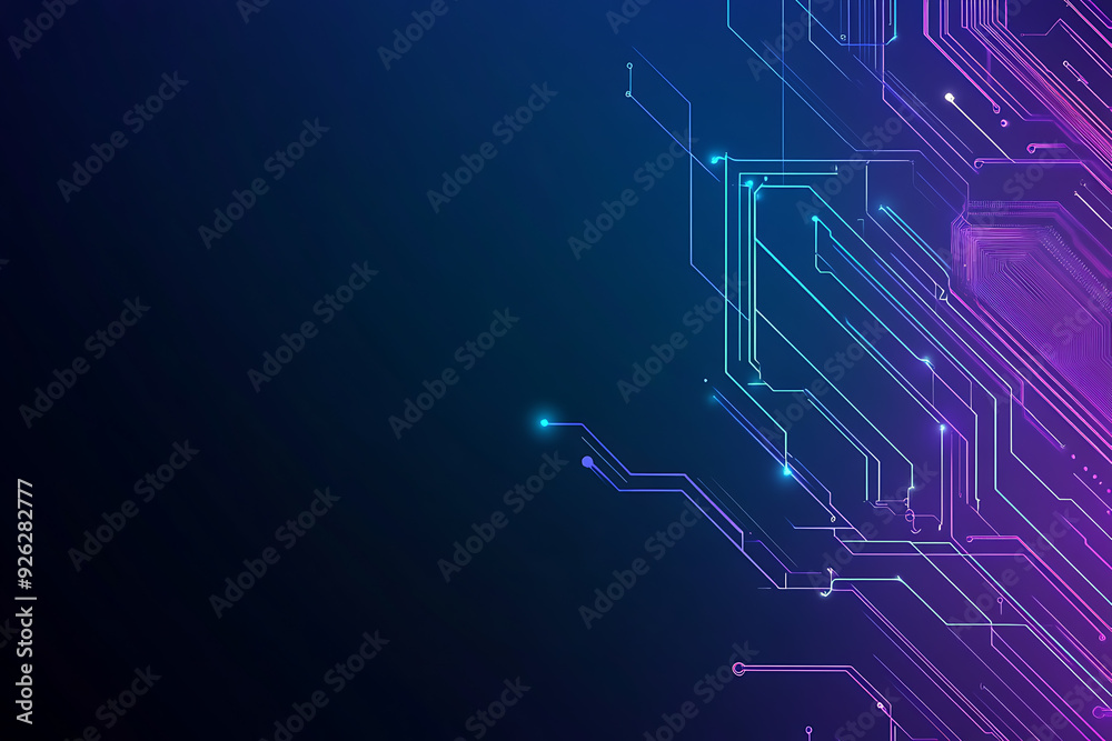 Futuristic vector illustration of an abstract circuit board with neon blue and purple gradients, showcasing intricate digital patterns and tech elements Futuristic vector illustration of an abstract circuit board with neon blue and purple gradients, showcasing intricate digital patterns and tech elements