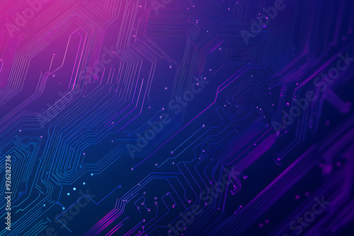 Futuristic vector illustration of an abstract circuit board with neon blue and purple gradients, showcasing intricate digital patterns and tech elements