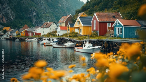 quaint coastal village with colorful houses, a small harbor, and fishing boats