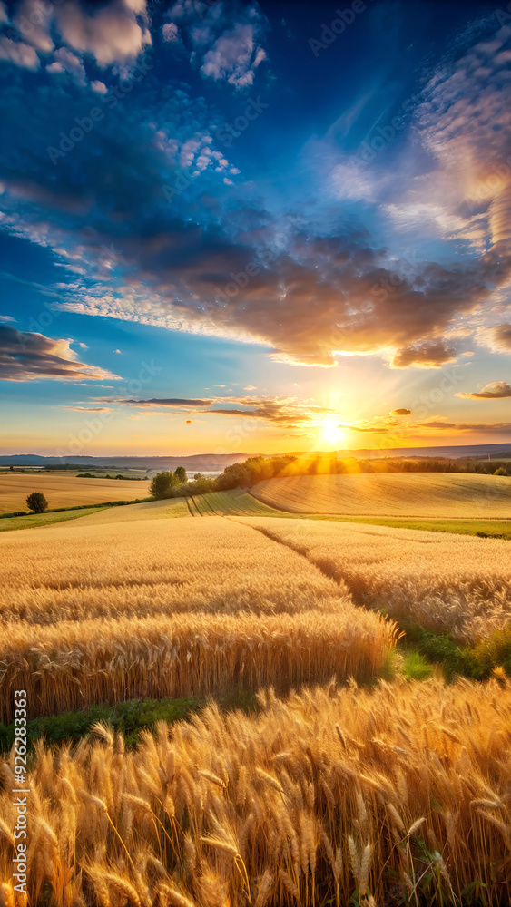 Tranquil Wheat Field at Sunset: Golden Light Illuminating Rolling Hills and Bountiful Crops Tranquil Wheat Field at Sunset: Golden Light Illuminating Rolling Hills and Bountiful Crops