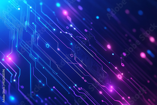 Futuristic vector illustration of an abstract circuit board with neon blue and purple gradients, showcasing intricate digital patterns and tech elements