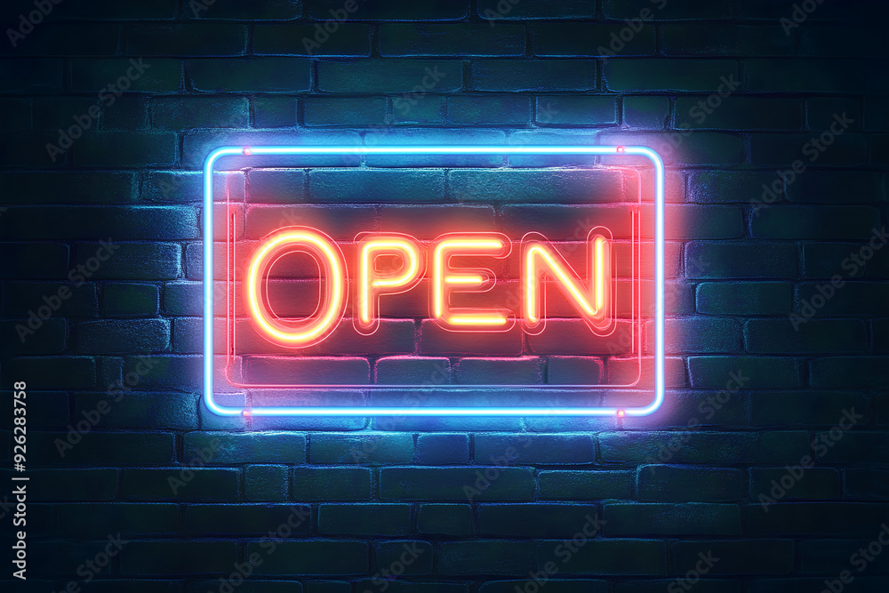 Realistic vector isolated neon sign of OPEN frame logo text on dark brick wall background Realistic vector isolated neon sign of OPEN frame logo text on dark brick wall background
