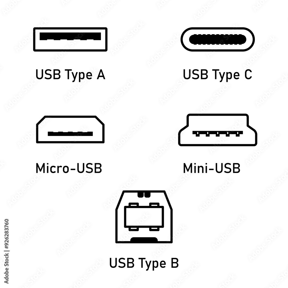 5 types of usb port symbols set vector illustration