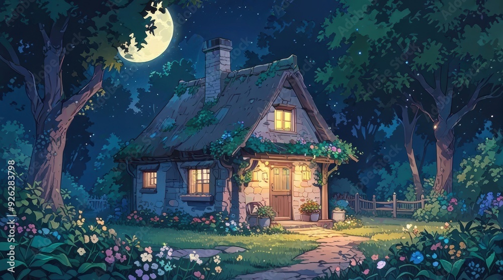 Fototapeta premium Cozy Stone Cottage in Moonlit Forest Night Scene. Anime art style