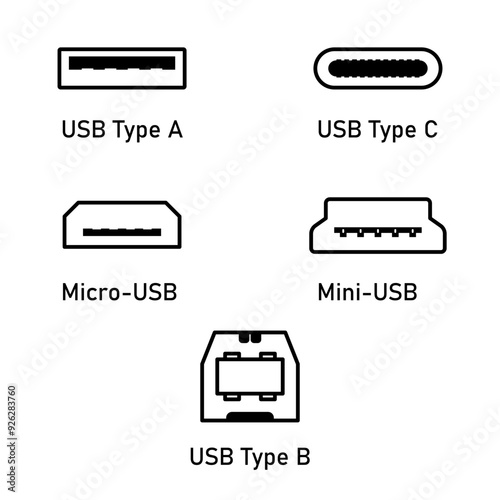 5 types of usb port symbols set vector illustration