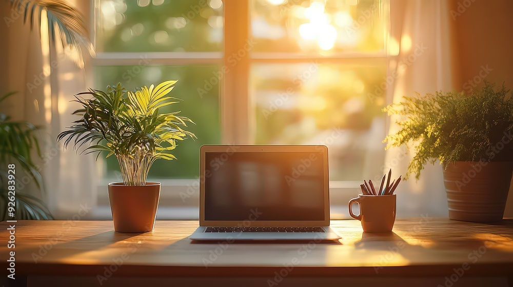 cozy home office setup with a laptop, coffee cup, and potted plant on a wooden desk. cozy home office setup with a laptop, coffee cup, and potted plant on a wooden desk.