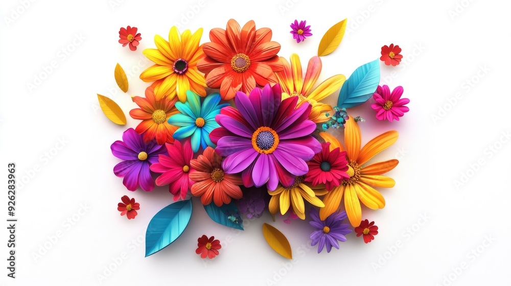 Vivid 3D design featuring a happy life concept with vibrant, colorful flowers, isolated on white for a magazine cover Vivid 3D design featuring a happy life concept with vibrant, colorful flowers, isolated on white for a magazine cover